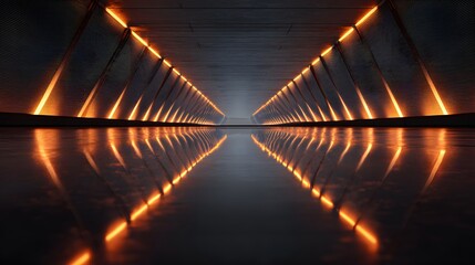 Endless modern architectural corridor illuminated by repeating orange light strips reflects upon a wet floor