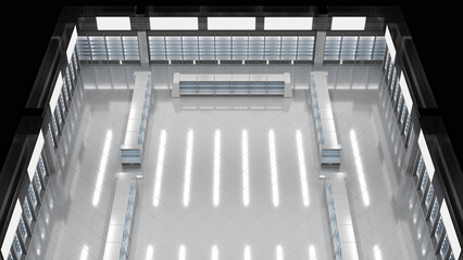 Top view of the trading floor with white slatwall gondola shelving rows, blank slatwall cabinets against the wall and wall banners. 3d illustration isolated on black
