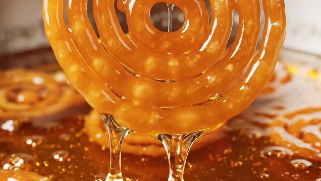 Close-up shot of jalebi being made, capturing its sweet details