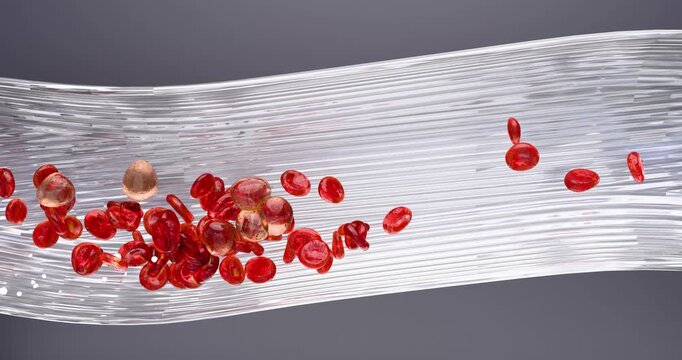 3D abstract animation of a transparent tubular vessel with blood cells flowing inside it: red blood cells, white blood cells, and platelets. Medical, educational, and scientific content.