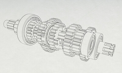 Technical line drawing of gearbox assembly with interlocking gears, shafts, and spacers. Linear configuration emphasizes mechanical logic, torque flow, and precision engineering design.