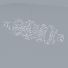Wireframe drawing of linear gear assembly with interlocking components and parallel shafts. Technical schematic emphasizes mechanical design, torque flow, and engineering precision.