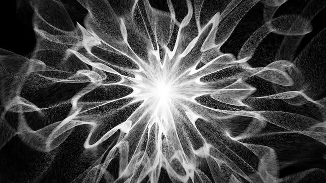 Abstract monochrome visualization depicting an intense burst of radiant energy at the center. White dynamic particles emitter with fast and bright wave strands for science and technology art. 4K 60fps