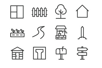 Plot Line Icon Set. Plot. Line icon set of Plot: land parcel, fence, tree, house outline, garden bed, pathway, water well, boundary marker, shed, driveway,