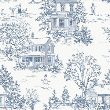 Christmas Floral Blue Toile