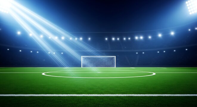 Empty soccer stadium at night with bright stadium lights illuminating the green field and goal football