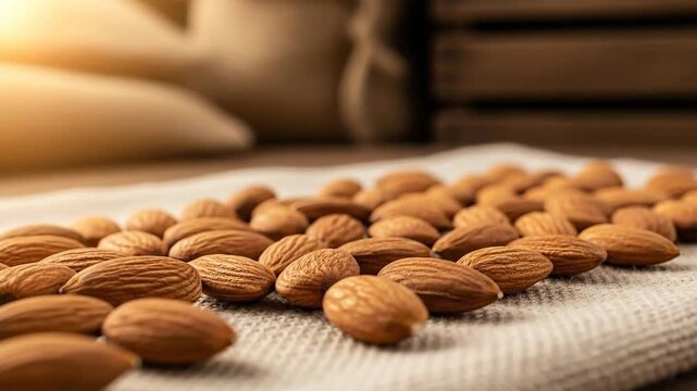 Close-up of almonds scattered on a textured surface