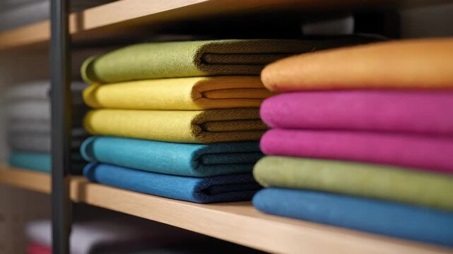 Closeup medium shot showcasing recycled polyester textiles stacked in vibrant colors on modern shelving emphasizing innovative sustainable material use.
