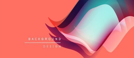 Abstract fluid shapes overlap coral backdrop. Modern design features dynamic curves, gradients, soft colors. Minimalist aesthetic.