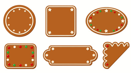 Set of six decorative gingerbread cookies with icing outlines and colorful candy decorations, perfect for holiday and celebration themes