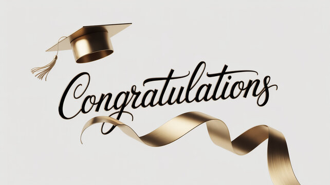 Minimalist luxury artwork with elegant ‘congratulations’ gold lettering, glossy metallic accents, modern clean aesthetic, high-quality design with ribbon-wave detail and matte-black graduation cap.