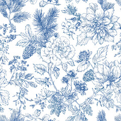 Christmas Floral Blue Toile © Sergio