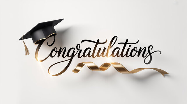Minimalist luxury artwork with elegant ‘congratulations’ gold lettering, glossy metallic accents, modern clean aesthetic, high-quality design with ribbon-wave detail and matte-black graduation cap.