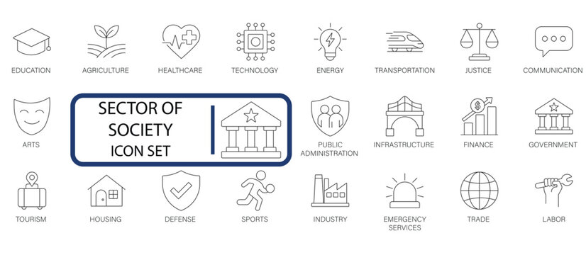 Sector of Society line icon set. Covers Government, Education, Healthcare, Finance, Industry, and Infrastructure for social and economic concepts.