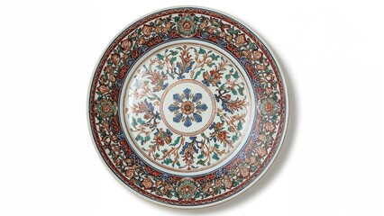 Fototapeta premium Decorative ceramic plate with intricate floral and geometric patterns, colorful design, and traditional craftsmanship. Unique artistic pottery. The design of decorative ceramic dishware.