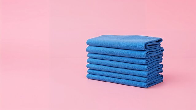 Stack of blue towels or blankets arranged neatly on a pink background. 1935