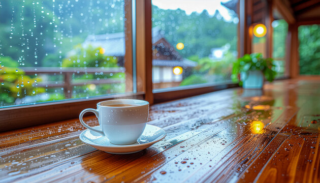 Cozy Steaming Coffee Cup on Wet Table by Window on a Rainy Day