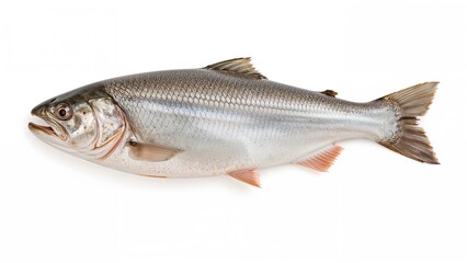 Freshwater fish with silver scales and a streamlined body, isolated on white background.