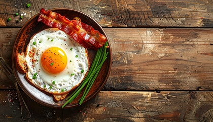 Close-up of Fried Egg and Bacon Breakfast on a Rustic Plate food meal