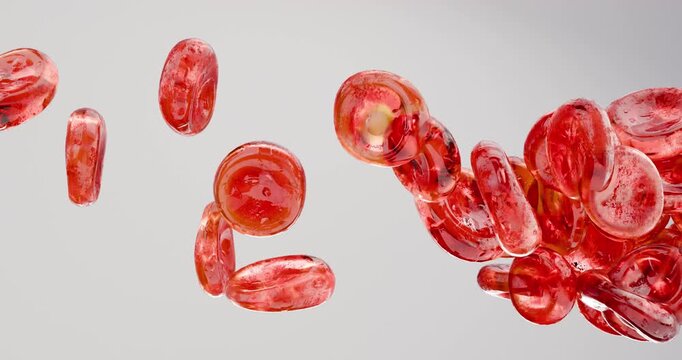3D animation of red blood cell flow, depicting smooth, disc-shaped red cells, close-up. Medical, educational, and scientific content.