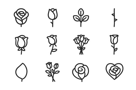 Rose Icon Set. Rose. Line icon set of Rose: rose flower, rosebud, stem with leaves, thorned stem, blooming rose, wilted rose, rose bouquet, rose in vase,
