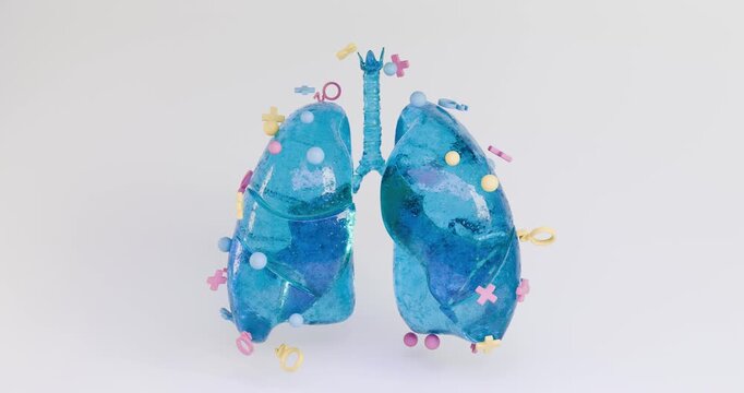 A 3D stylized of lungs dynamically moving around, symbolizing oxygen. Respiratory health and disease integration, including respiratory diseases and drug treatment, intervention, therapy, and pharmace