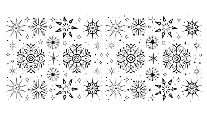 Collection of hand drawn snowflakes and stars in black and white