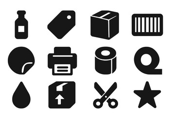 Product Label Icons. Product Labels. Solid icon set of Product Labels: bottle, tag, box, barcode, sticker, printer, roll, tape, droplet, package, scissors,