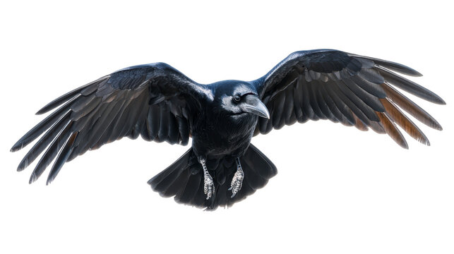 Black raven bird with wings spread wide, flying in midair, isolated on transparent background, showcasing detailed feathers and intense gaze