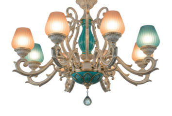 Ornate chandelier with teal accents transparent background cutout png