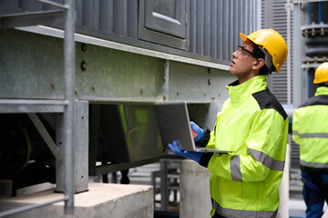 Engineers at work in a technological facility, analyzing with their laptop computer. Focused on the data, the workers are involved in technical operations and maintenance
