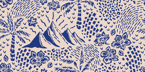 Tropical seamless pattern with hand drawn palm trees. Hawaiian florals summer background for fabric, textiles, clothing, poster, cover, decoration, banner, wallpaper, interior. Vector illustration.