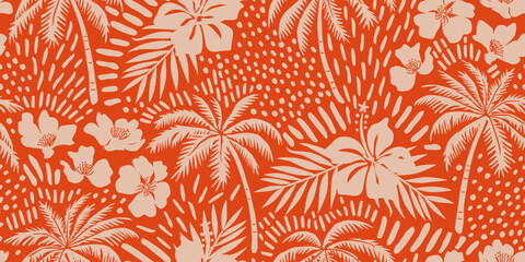 Fototapeta premium Tropical seamless pattern with hand drawn palm trees. Hawaiian florals summer background for fabric, textiles, clothing, poster, cover, decoration, banner, wallpaper, interior. Vector illustration.