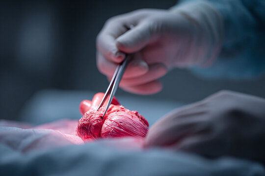 Delicate heart surgery. Sterile gloved hands, precise surgical tools. Metaphor for health, life, or love. Ideal for medical, scientific, or conceptual projects.