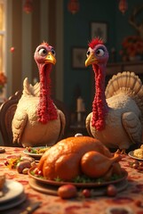 Two Turkeys Looking at a Thanksgiving Feast on a Family Table