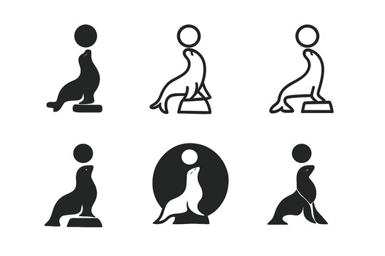 Circus Animals Icons. Circus animals and animal performances. Icon set. Set Logo of circus animals and animal performances: balancing seal with ball.