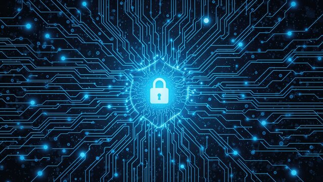 Digital security or cybersecurity concept with a central lock symbol and interconnected lines representing data protection and network security. - Powered by Adobe