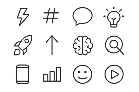 Iconic Buzzwords Grid. Buzzwords and trends. Line icon set of buzzwords and trends: lightning bolt, hashtag, speech bubble, idea bulb, rocket, upward arrow,