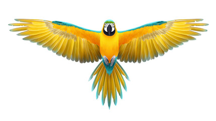 Naklejka premium Colorful parrot with vibrant yellow and blue feathers spreading wings in flight, tropical bird isolated on transparency background, exotic wildlife, joyful and energetic expression