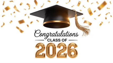 Graduation digital illustration, white background, gold confetti shower, detailed black cap with flowing gold tassel, metallic 3D '2026', centered festive design.