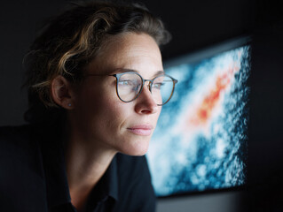 Focused woman in glasses staring intently at a bright screen, perhaps coding, analyzing data, or watching media. Represents deep thought, technology,  concentration.