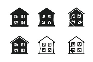 Fototapeta premium Abandoned House Logos. Dilapidated house with no sign of life. Icon set. Set Logo of abandoned home: shattered windows. harmonious logo variations of the same