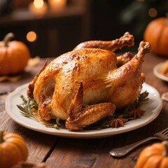 Golden Roasted Turkey Surrounded by Fall Decorations and Pumpkins