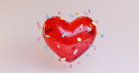 A 3D illustration of a stylized red heart with dynamically moving pills and capsules floating around. Combining health or illness with medical treatment, intervention, therapy, and pharmaceutical care