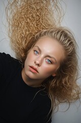Young Woman with Long Curly Hair and Striking Blue Eyes