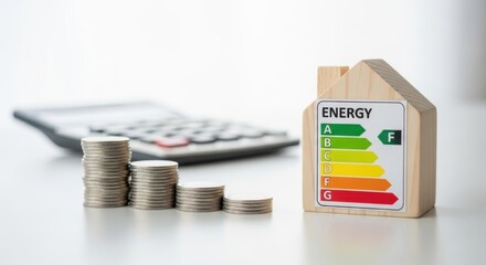 Energy efficiency rating concept with wooden house and coin stacks
