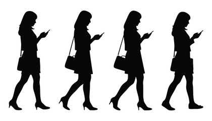 Silhouette of women walking using phone vector illustration