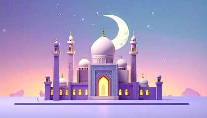Peaceful Islamic mosque silhouette under a glowing crescent moon and starry night sky, festive cultural celebration background