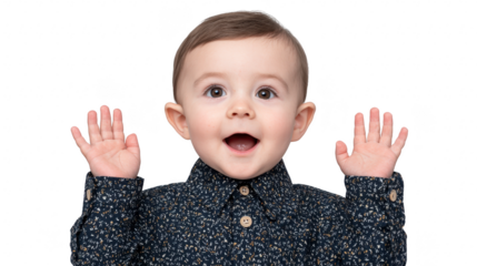 Surprised baby with open mouth and raised hands, wearing patterned shirt, isolated on transparency background, expressing joy and curiosity, adorable toddler, childhood innocence