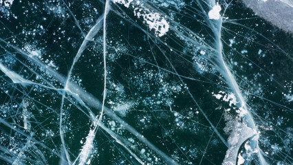 Aerial top view of frozen Lake Baikal
